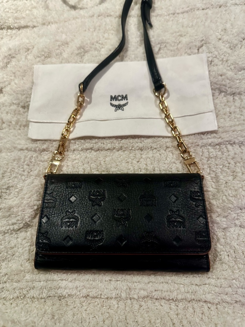 MCM Black Visetos Calfskin Leather Wallet Crossbody with Gold Chain Strap